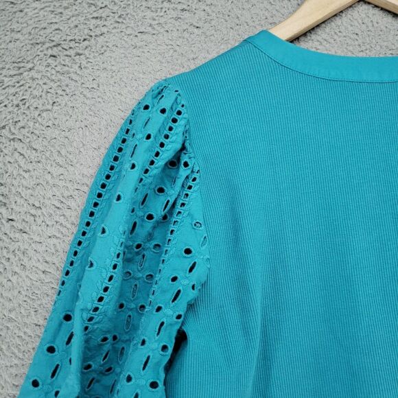 Chico's Pagoda Blue Ribbed Knit Eyelet Henley Top 1/2 Button Womens Size 1 - Picture 11 of 16